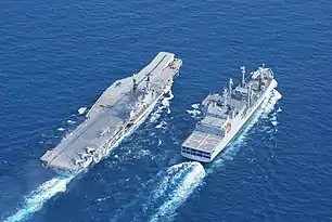 INS Viraat approaches the fleet tanker INS Deepak for Replenishment at sea.