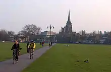 A view of Parker's Piece looking towards Our Lady and the English Martyrs Church at the junction of Hills Road and Lensfield Road.