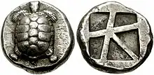 Aegina coin type, incuse skew pattern. Circa 456/45-431 BCE.