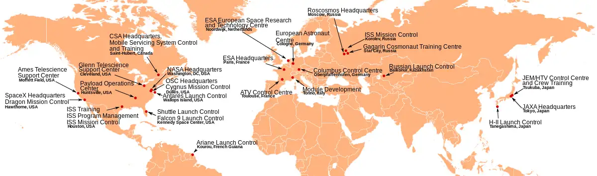 A world map highlighting the locations of space centres. See adjacent text for details.