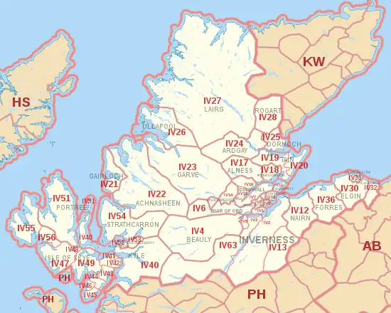 IV postcode area map, showing postcode districts, post towns and neighbouring postcode areas.