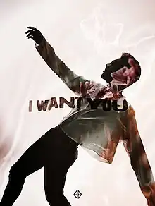 A photo of a man looking up to his right with one of his hands in the air overlaid with an image of pink flowers. The song's title, "I Want You", appears at the center of the image, while SB19's logo appears at the bottom.