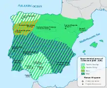 Image 20Areas of the Roman province of Hispania occupied by the barbarian people c. 409-429 (from History of Portugal)