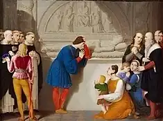 Ludovico weeps over the tomb of his wife Beatrice, Giovanni Battista Gigola, c. 1815, Pinacoteca Ambrosiana. The friars of S. Maria delle Grazie assist on the left, and on the right the two orphans Ercole Massimiliano and Francesco with their respective nurses, as well as Bramante and Leonardo.