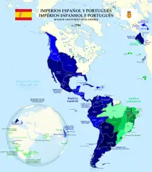 Spanish and Portuguese empires in 1790, showing lands over which they asserted sovereignty, but did not necessarily control