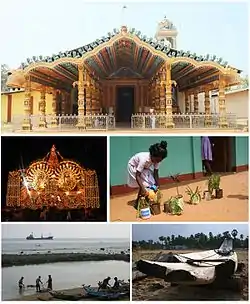 Clockwise from top: Murugan/Kanthavanam Temple; Polikandy Hindu Tamil Mixed School; Kattumaram at PK beach: Polikandy fishing activity; Sri Pathira Kali Amman Temple