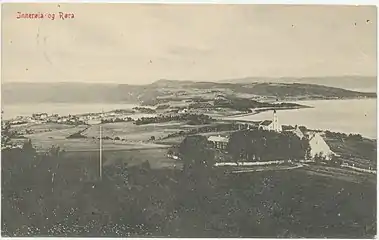 View of Røra in the background (the Old Sakshaug Church is in the foreground)