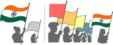 Sketch of eight people carrying flags in a procession, the first and last persons have the India tricolour