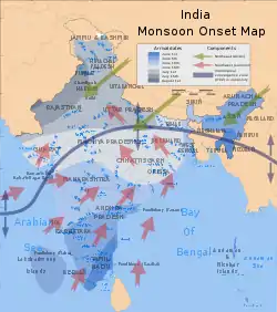 Pink arrow: Southwest monsoon wind direction; green arrow: northeast monsoon wind direction.