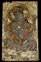 Indian deity on the obverse of a painted panel, most likely depicting Shiva. Khotanese artist Viśa Īrasangä or his father Viśa Baysūna, 7th century