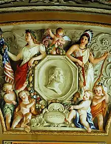 Detail from a 1855–1856 fresco by Constantino Brumidi in the U.S. Capitol in Washington, D.C., Columbia (left) and a late appearance of the Indian princess