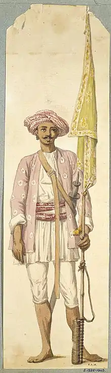 Tipu Sultan soldier using a Mysorean rocket as a flag staff