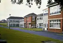 The ward block at East Birmingham Hospital, Birmingham UK in 1978. It has since been demolished. It shows Wards 31 (ground level) and 32 (upper level).