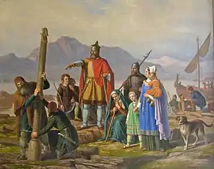 Image 19Ingólfur Arnarson commands his high seat pillars to be erected in this painting by Peter Raadsig. (from History of Iceland)