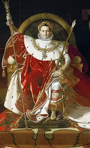 Napoleon I on His Imperial Throne; by Jean-Auguste-Dominique Ingres; 1806; oil on canvas; 2.62 x 1.62 m; Army Museum, Paris