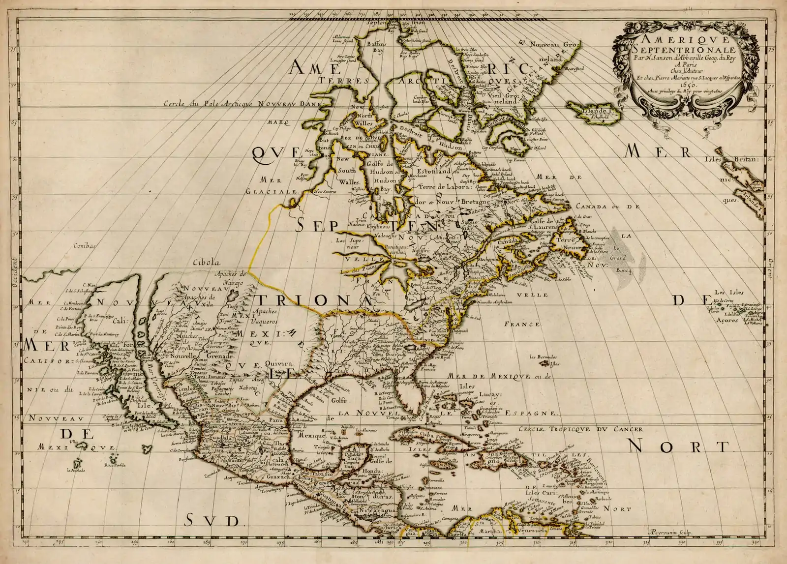 Much of New France's "Pays d'en Haut" (Upper Country) remained unexplored in the mid-1600s; Nicolas Sanson d'Abbbeville's 1650 map was the first to show all five Great Lakes."French Exhibit Catalog", Library, Central Michigan State University