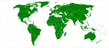 A political map of the world with all territories shaded green to denote International Telecommunication Union membership