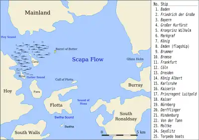 A map designating the locations where the German ships were sunk; click for a larger view.