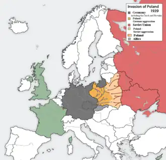 Image 40Germany invaded Poland on 1 September 1939 which directly led to the Anglo-French declaration of war on Germany on 3 September. The Soviet Union joined Germany's invasion of Poland on 17 September. (from Causes of World War II)