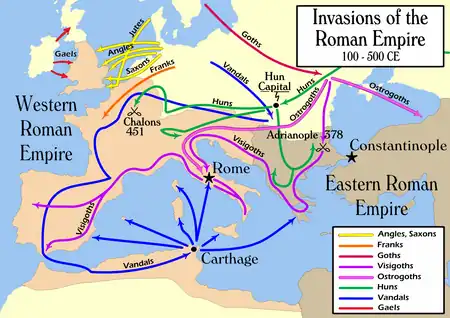 Map of Europe, with colored lines denoting migration routes