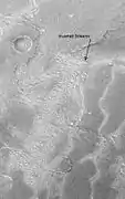 Inverted Streams near Juventae Chasma, as seen by Mars Global Surveyor.  These streams begin at the top of a ridge then run together.