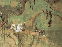 Two groups of figures meet on a mountain path.