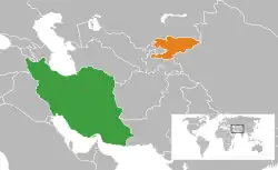 Map indicating locations of Iran and Kyrgyzstan