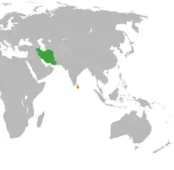 Map indicating locations of Iran and Sri Lanka