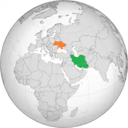 Map indicating locations of Iran and Ukraine