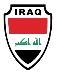 The Iraq National Team Badge. It is a black outlined badge, with a white center. Iraq is written at the top center of the badge. The center of the badge has the Iraq flag.