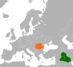 Map indicating locations of Iraq and Romania