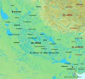 Geophysical map of Lower Mesopotamia, with major cities marked