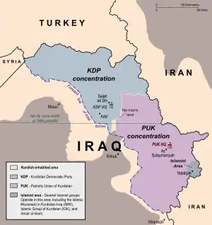 Image 6The Kurdistan Region became politically divided with two administrations (the 50:50 system) with KDP controlling the Erbil and Duhok Governorates, while PUK took control of Sulaymaniyah Governorate to the east. (from Kurdistan Region)