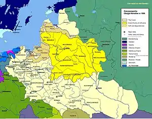 Map of Polish-Lithuania Commonwealth after its formation in 1569, with visible Polish–Lithuanian border. Ukrainian territories were transferred under the administrative control of the Crown of Poland.