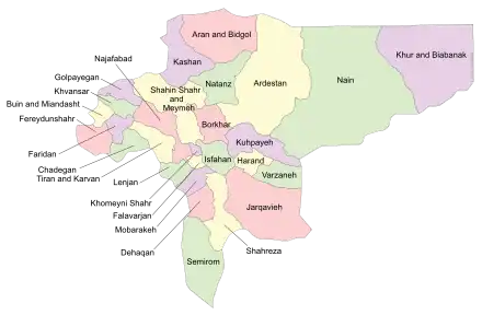 Location of Jarqavieh County in Isfahan province (lower right, pink)