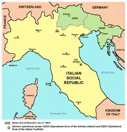 Image 70Italian Social Republic (RSI) as of 1943 in yellow and green. The green areas were German military operational zones under direct German administration. (from Diplomatic history of World War II)