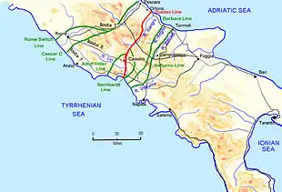 Map of Italy with coloured lines across the waist