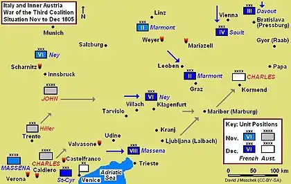 Italy and Inner Austria Map 1805, showing positions from early November to December