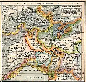 Northern Italy in 1796; the Duchy of Mantua can be seen centre-right, shaded in orange, as part of the Duchy of Milan.