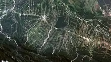 Image 3Satellite view of coca leaf and tropical fruit plantations in the Ivirgazama region of Bolivia. Several tropical areas in the country have experienced major deforestation.  (from Economy of Bolivia)