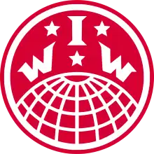 Globe logo with the letters I.W.W. separated by three stars. Encircled by the name, "Industrial Workers of the World."