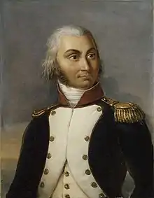 Portrait of a man in army uniform and white powdered hair.