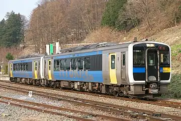 A pair of KiHa E200 hybrid diesel railcars