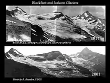 The upper image shows how Blackfoot (on the left) and Jackson Glaciers (on the right) appeared in 1914. The lower image is taken from the same vantage point in 2001