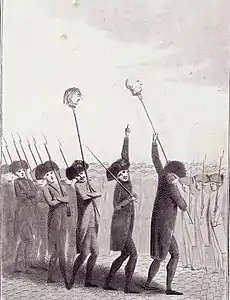 Engraving c.1789 of French militia hoisting the heads of Jacques de Flesselles and the marquis de Launay on pikes