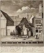 A partially burned down turpentine oil burner on the Passeerdersgracht (1690).