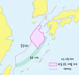 A map focused on an area highlighted in purple between China to the west, South Korea to the north, and Japan to the west