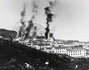 Image 7Buildings burning after the first Japanese attack on Dutch Harbor, June 3, 1942. (from History of Alaska)