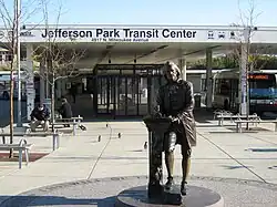 Monument of Thomas Jefferson in front of the Jefferson Park Transit Center