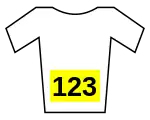 A white jersey with a yellow number bib.